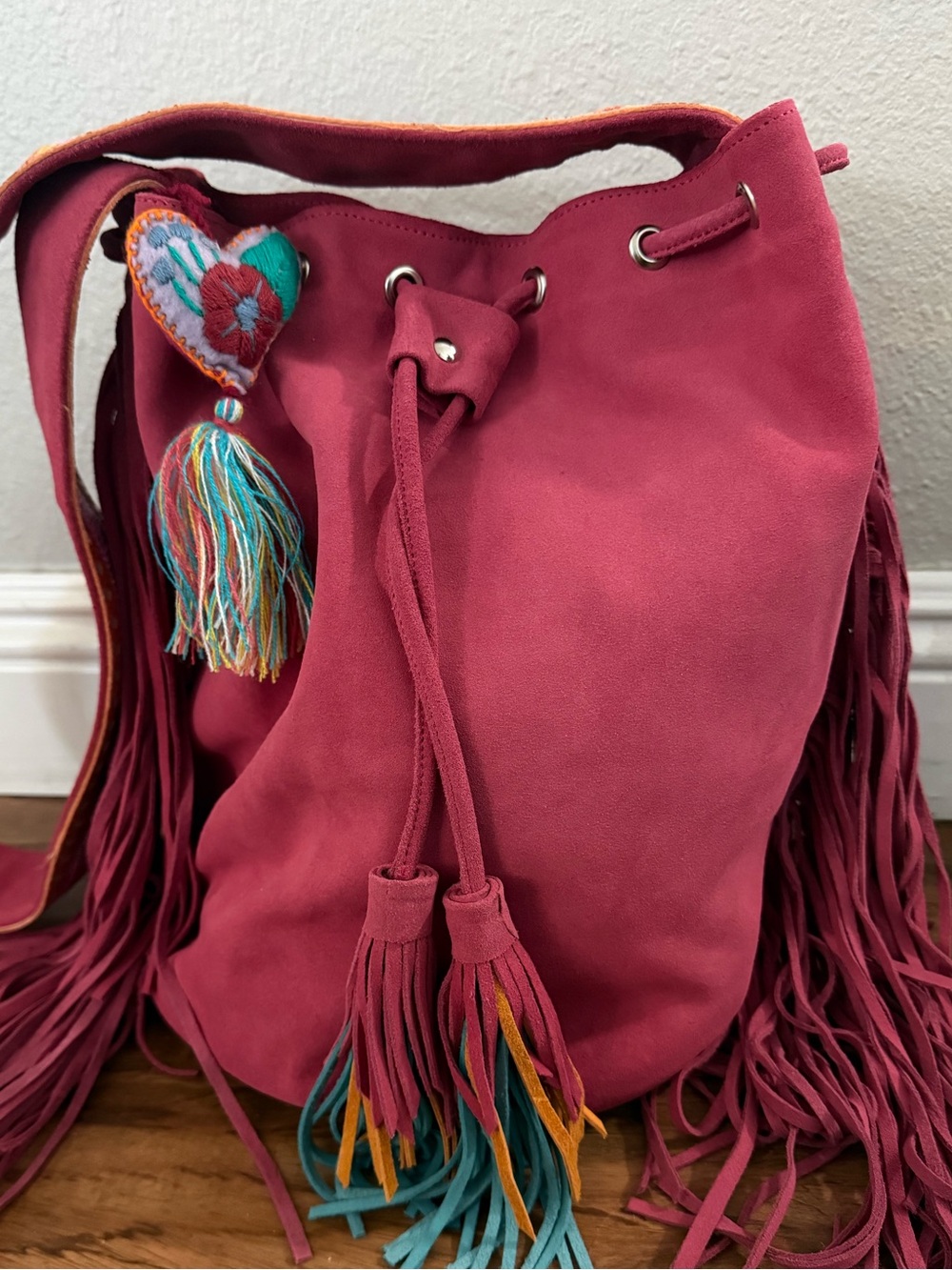 Boho Fringe Drawstring Bucket Bag - Rose Pink